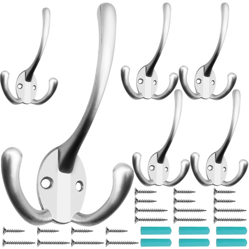 IBosins 6 Pack Big Heavy Duty Three Prongs Coat Hooks Wall Mounted with 24 Screws (Two Types of Screws Included) Retro Double Utility Rustic Hooks for Thick Coat, Big Heavy Bags (Matte Nickel) - Image 1